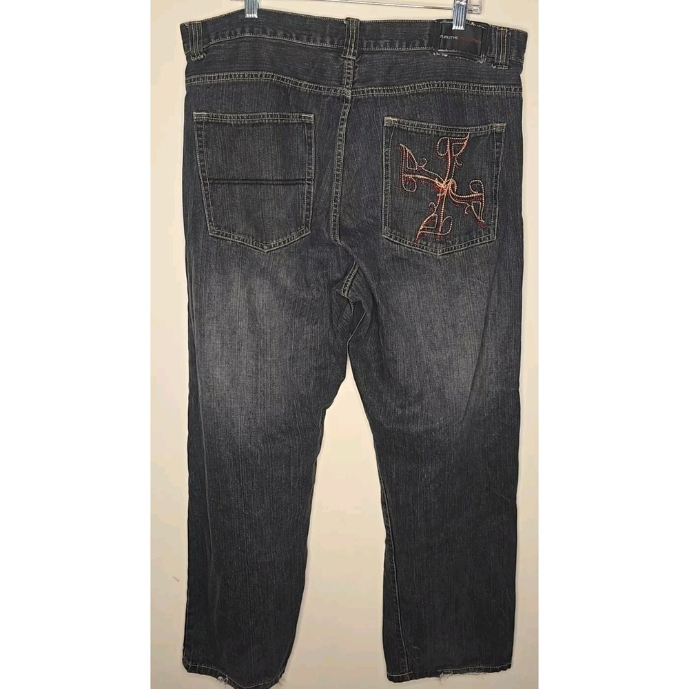 Fubu Jeans Mens 40x34 Black Relaxed High Rise Thick Stitch Y2K Streetwear Ramie‎